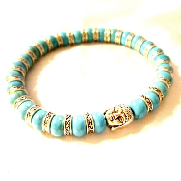 Silver Buddha Genuine Turquoise Bracelet - Picture 5 of 8